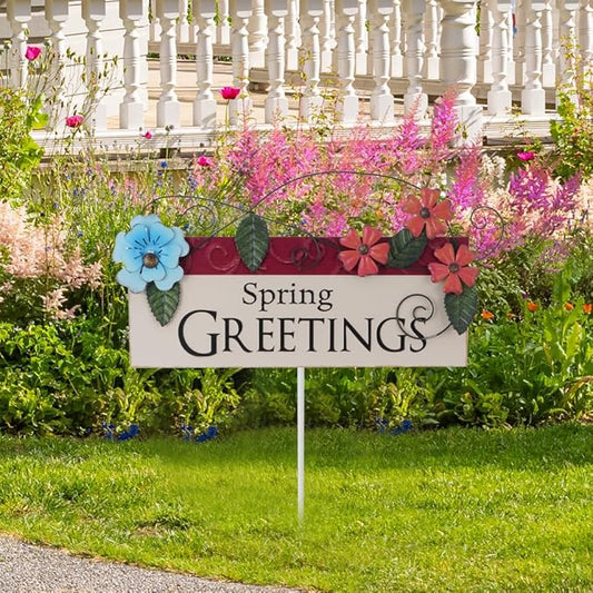 Spring Decor Outdoor Spring Greetings Flower Metal Garden Stakes Decorative Colorful Floral Welcome Sign Yard Art Garden Decorations for Home Outside Lawn Porch Backyard Walkwa