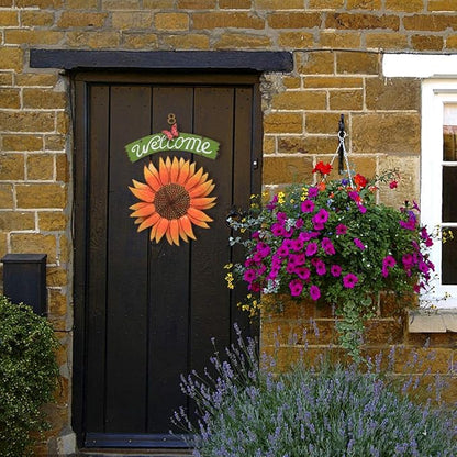 Welcome Sign Metal Hanging Sunflower Signs for Front Door Porch Wall - Rustic Decorative Door Hanger Indoor Outdoor Spring Decoration Wreath Decor (D)