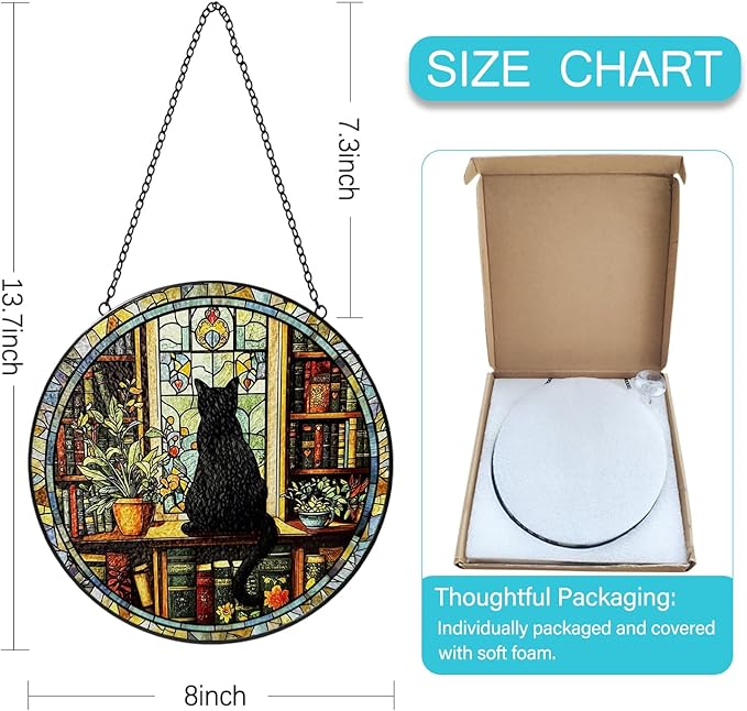 Stained Glass Window Hanging, 8 Inch Black Cat Suncatcher, Sun Catchers Indoor Window, Book Suncatchers for Windows Hanging, Spring Home Garden Librarian Decor Panel, Book Lover Gifts for Women Men