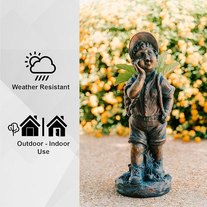 XBrand 24" H Faux Bronze Magnesium Oxide Walking Boy Garden Statue w/Small Flower Plant Pot, Outdoor Décor, Natural Design Sculpture