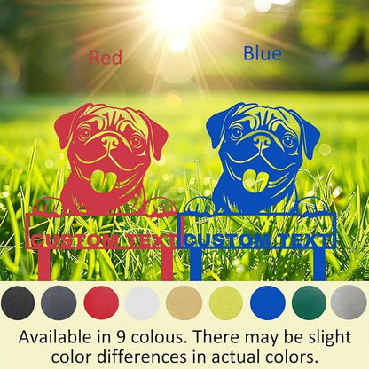 Custom Metal Pug Dog Garden Stake Sign, Personalized Pet Dog Statue Sculpture Garden Marker Outdoor Sign, Customized Cute Animal Pug Yard Art Backyard Lawn Signs Plaque with Stakes