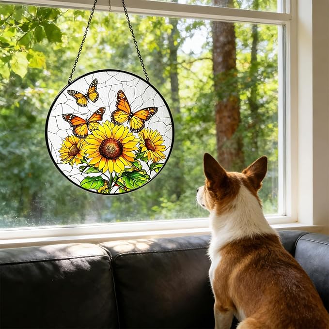 Sunflower Hanging Stained Glass for Windows, Sunflower Sun Catchers Indoor Window Glass Round Wall Decor Mother's Day, Valentine's Day Ornaments Festival Gift 7.87"