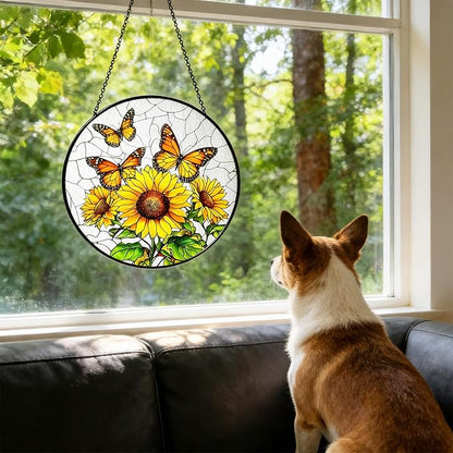 Sunflower Hanging Stained Glass for Windows, Sunflower Sun Catchers Indoor Window Glass Round Wall Decor Mother's Day, Valentine's Day Ornaments Festival Gift 7.87"