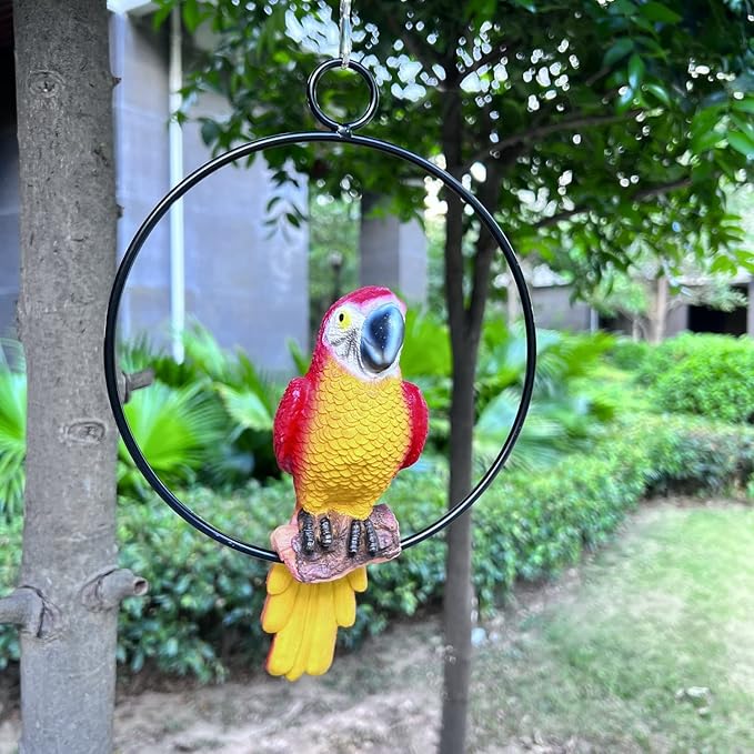 Parrot Bird Perched Statue Hanging Ring for Garden and Home Decor - Parrot Dimensions 9.8" High