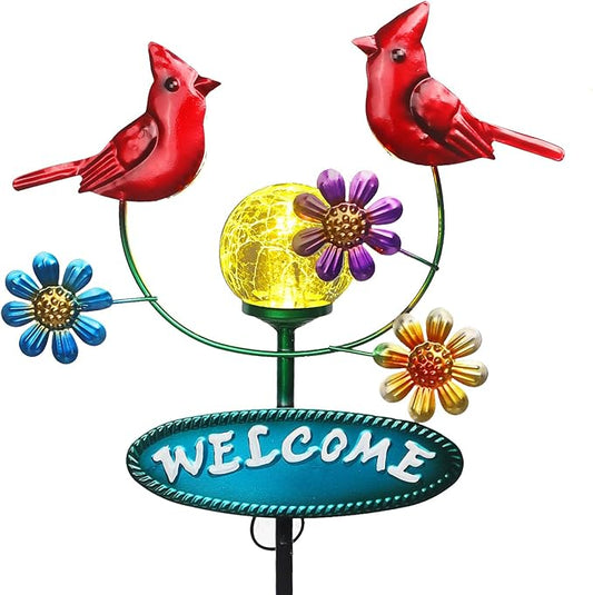 Solar Garden Stakes Metal Welcome Signs for Outside 29.5', 2 Flying Cardinals with Cracked Glass Ball,Decorative Garden Stakes for Lawn, Patio, Cardinal Gifts for Women