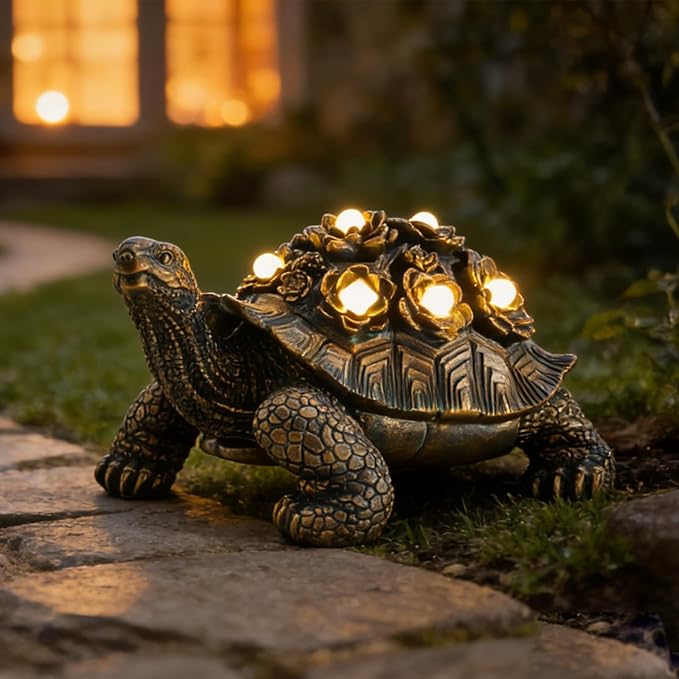 Outdoor Solar Turtle Decor, Resin Succulent Turtle Statue with Waterproof LED Lights, Garden Gift for Plant Lovers for Patio, Balcony, Yard Ornament