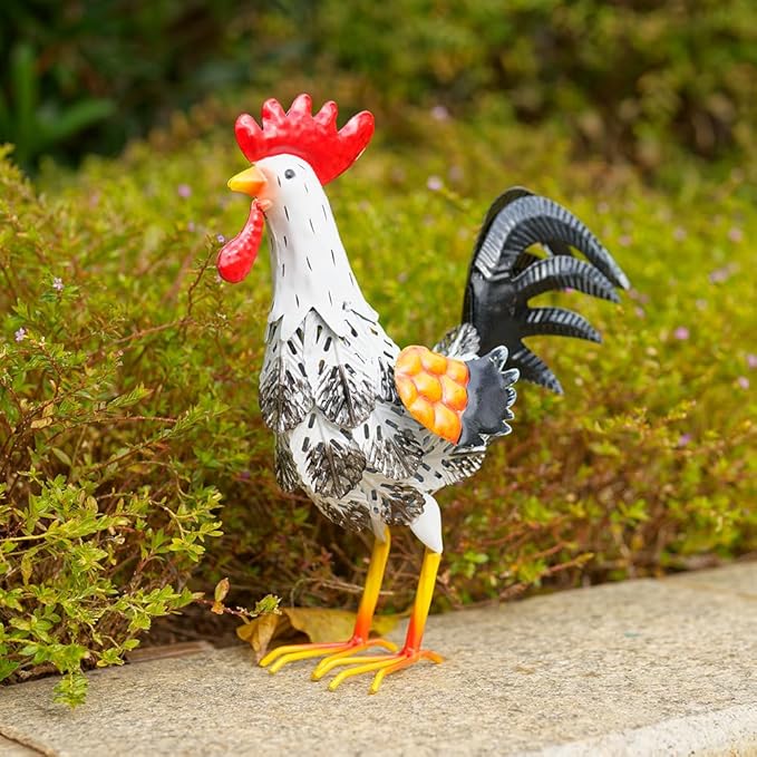 Metal Rooster Garden Statue, 12'' Funny Chicken Outdoor Statue Yard Art Decor, Waterproof Rooster Lawn Ornaments for Garden, Lawn, Farmhouse(White)