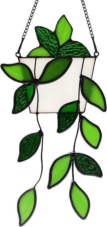 BOXCASA Stained Glass Window Hanging for Plant Lovers,Handmade Green Plants Artificial,Suncatcher Plant Gifts for Women,Grandma,Mother's Day,Christmas
