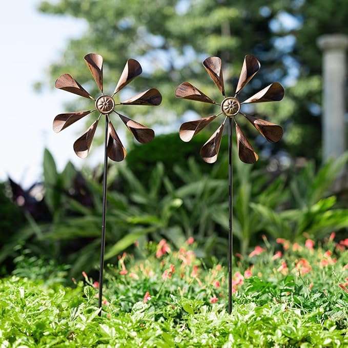 DREAMYSOUL 2 Pack Wind Spinners Outdoor, 10" Dia Metal Pinwheels for Yard and Garden, Kinetic Wind Sculptures & Spinner Outside (Copper)