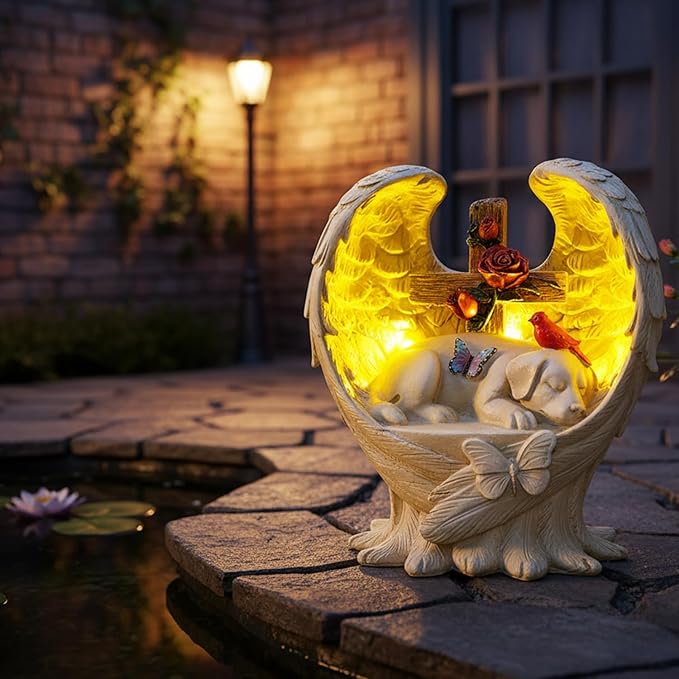 Dog Memorial Stone Solar Angel Wings Garden Statue with Cross Roses Cardinal Butterfly, Sleeping Dog Grave Markers Outdoor Waterproof Resin Pet Loss Sympathy Gift for Cemetery, 10 Inch