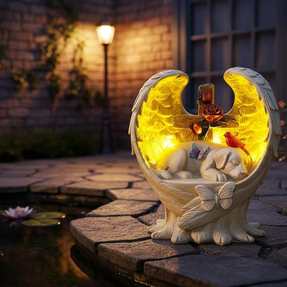 Dog Memorial Stone Solar Angel Wings Garden Statue with Cross Roses Cardinal Butterfly, Sleeping Dog Grave Markers Outdoor Waterproof Resin Pet Loss Sympathy Gift for Cemetery, 10 Inch