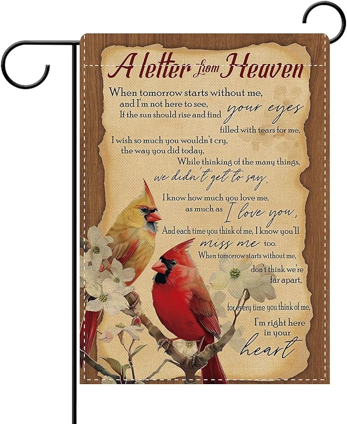 Dyrenson Memorial Cardinal A Letter From Heaven Decorative Garden Flag, Vintage Red Birds Dogwood Flower Cemetery Yard Outside Home Decoration, Retro Burlap Outdoor Small Decor Double Sided 12 x 18