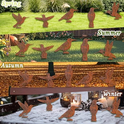 5Pcs Metal Birds Yard Decor for Wall Fence Rusty Garden Art Hummingbirds Pattern Durable Iron Yard Sculptures for Farmhouse Outdoor Pathway Patio Lawn Ornaments Ground Insert Decorations