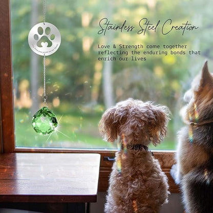 Mooncraftlogy Dog Memorial Gifts, Unique Loss of Pet Sympathy Idea, Green Crystal Ball Rainbow Suncatcher with Paw Print for Cat or Dog Remembrance and Bereavement
