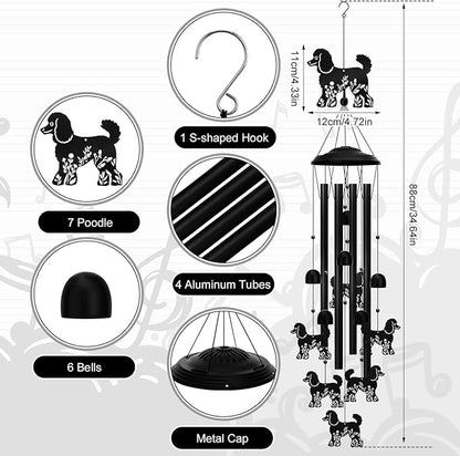 Poodle Wind Chimes for Outside, 34.6 Inch Weather-Resistant Metal Wind Chimes with 4 Aluminum Tubes, Pet Memorial Sympathy Gift for Poodle Dog Lovers, Patio Yard Garden Decor