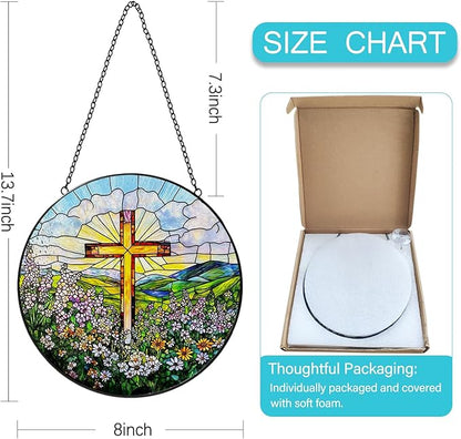 Stained Glass Window Hanging, 8 Inch Stained Glass Cross Wildflowers Suncatcher, Christian Sun Catchers Indoor Window, Flower Cross Religious Home Decor Panel, Easter Faith Christian Gifts for Women