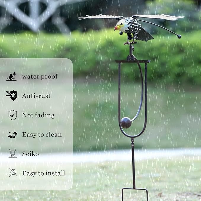 Metal Owl Garden Stake Decor, Owl Garden Rocker Outdoor Metal Owl Sculpture, Kinetic Owl Decorative Garden Stakes for Outdoor Garden Lawn Yard (Eagle)
