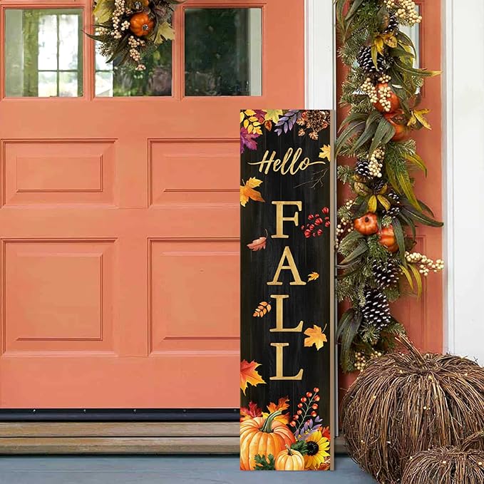 Hello Fall Porch Sign for Front Door, Autumn Wooden Welcome Sign with Maple Leaves Pumpkin for Front Porch Decorations, Fall Garden Decor Outdoor Hanging Signs Wall Sign 31.5"H