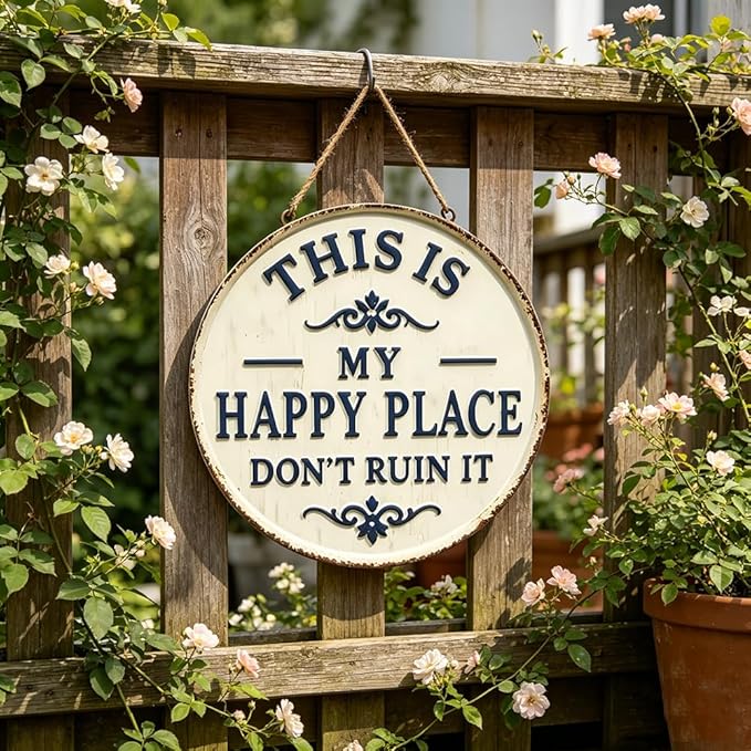Funny Garden Metal Sign, 2026 New Vintage Round Metal Sign Funny Home Decorative for Patio Porch, “Welcome to My Happy Place Don’t Ruin It” Garden Wall Decor Vintage Statement Metal Sign (Style B, 8X8 inch)