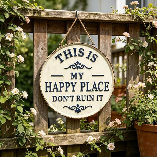 Funny Garden Metal Sign, 2026 New Vintage Round Metal Sign Funny Home Decorative for Patio Porch, “Welcome to My Happy Place Don’t Ruin It” Garden Wall Decor Vintage Statement Metal Sign (Style B, 8X8 inch)