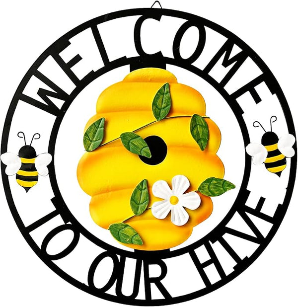 Front Door Wreath - Metal Welcome Sign for Front Door - Outdoor Hanging Bee Hive Hanger - Decorative Door Wreath for Home Entryway - Weather-Resistant Metal Design for Year-Round Use 13''H