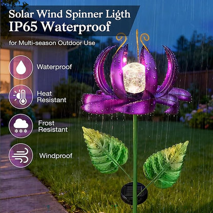 Solar Yard Lights Wind Spinners- Metal Lotus Flower Garden Decor LED Crackle Glass Globe Yard Art Sculpture Solar Stake Lights for Patio Pathway Lawn Walkway (Purple-Large)