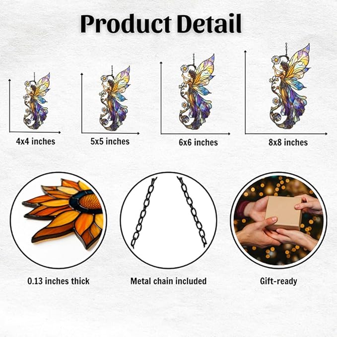 Fairy Acrylic Suncatcher Stained Glass Effect Window Car Hanging Christmas Ornament Indoor Outdoor Decor Garden Sun Catcher Panel for Acrylic Suncatcher Lover for Women Mom Grandma