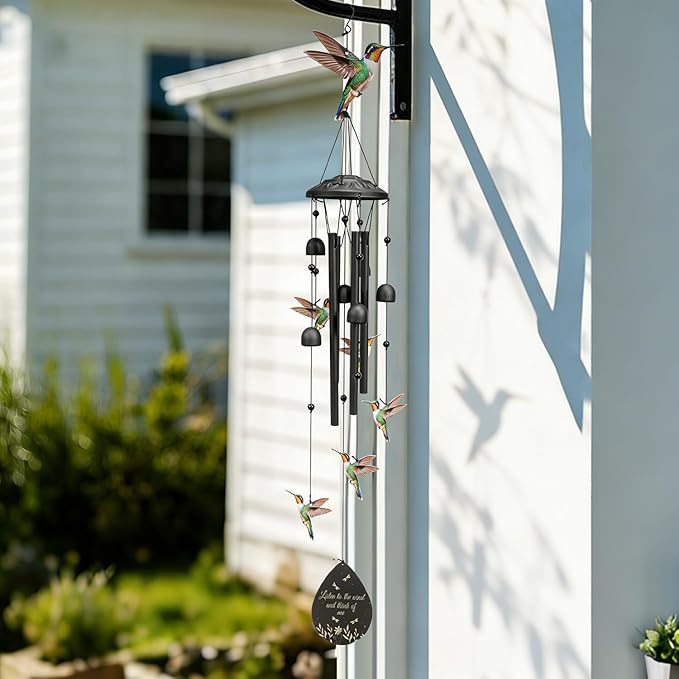 Hummingbird Wind Chimes Outdoor Durable Black Metal Windchimes Garden Patio Decor Hummingbirds Gifts for Women/Men, Garden/Yard Decor, Memorial/Birthday Gifts for Grandma/Mom, Birds Chimes for Outside