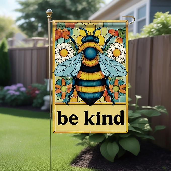 Spring Summer Garden Flag 12x18 Inch Be Kind Bee Stained Glass Floral Art Design Outdoor Yard Porch Lawn Garden for Seasonal Farmhouse Cottage Home Decor