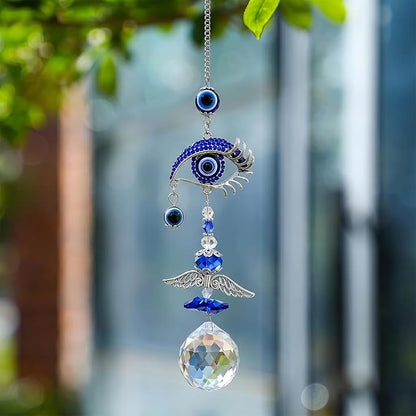 Crystal Suncatcher for Windows - Hanging Prism Sun Catchers with Crystal Balls&Blue Eye, Rainbow Maker for Home、 Garden、Car Decor (Evil Eye)