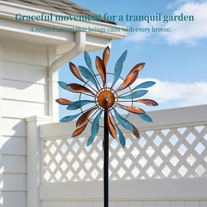 Wind Spinners Outdoor Metal, 360° Kinetic Wind Spinner with Stake, Metal Garden Yard Patio Lawn Windmill Decor (12.6" Dia, 56.7" H, Copper & Teal Petal)
