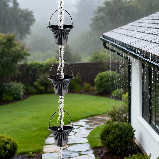 Lotus Rain Chain, 6.5FT Rain Chain Gutters, Adjustable Rain Catcher Chain with 10 Cups, Rain Chain Downspouts for Outdoor Gutter (Small Cup)