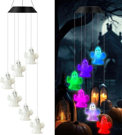 GlikCeil Halloween Solar Wind Chimes 27.5Inch Halloween Decorations Outside Waterproof Hanging LED for Yard, Porch, Patio, Party, Color Changing Eyeballs Ghost Lights(Ghost)