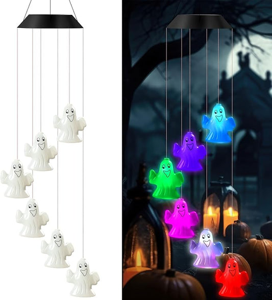 GlikCeil Halloween Solar Wind Chimes 27.5Inch Halloween Decorations Outside Waterproof Hanging LED for Yard, Porch, Patio, Party, Color Changing Eyeballs Ghost Lights(Ghost)