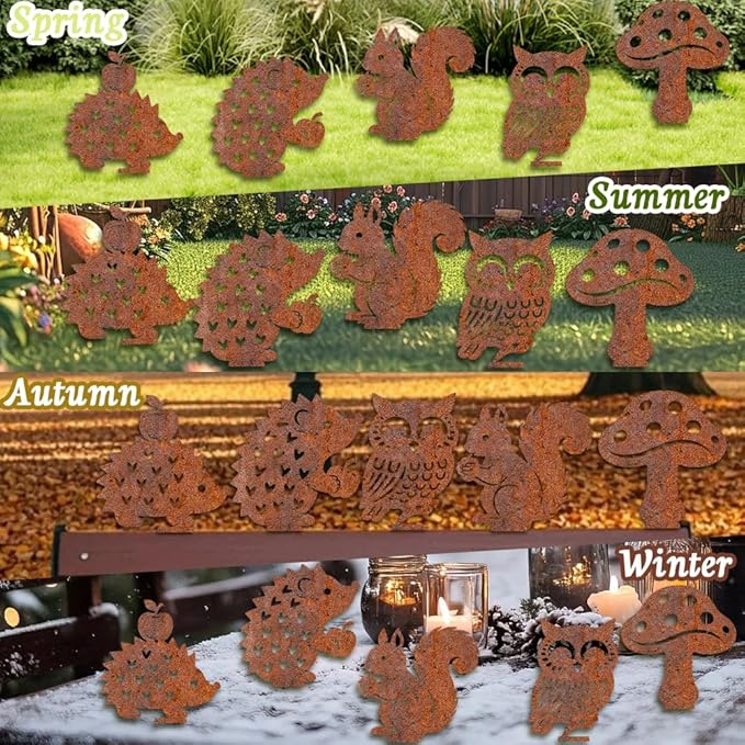 5Pcs Metal Squirrel Garden Stake for Wall Fence Rusty Garden Art Hedgehog Owl Mushrooms Squirrel Pattern Durable Iron Yard Sculptures for Pathway Patio Lawn Ornaments Ground Insert Decor