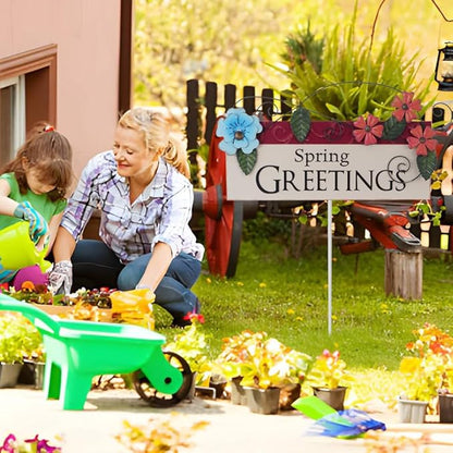 Spring Decor Outdoor Spring Greetings Flower Metal Garden Stakes Decorative Colorful Floral Welcome Sign Yard Art Garden Decorations for Home Outside Lawn Porch Backyard Walkwa