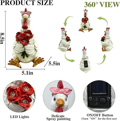 Solar Chicken Garden Decor with LED Light (5" W x 5.5" L x 8.5" H) – Cute Outdoor Hen Statue for Yard Patio Lawn, Chicken Outdoor Decor, Solar Yard Decoration, Housewarming Gifts
