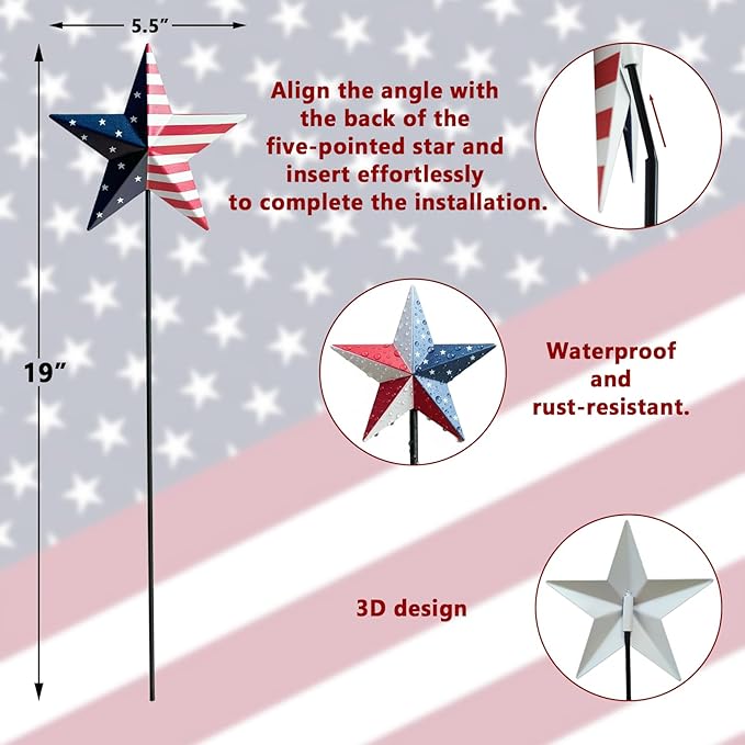 4th of July Decorations Outdoor 19" Metal Barn Star 6-Pack, Patriotic Outdoor Decorations, Rustic Iron Decorative Garden Stakes with American Flag Stars for Yard Patio Lawn
