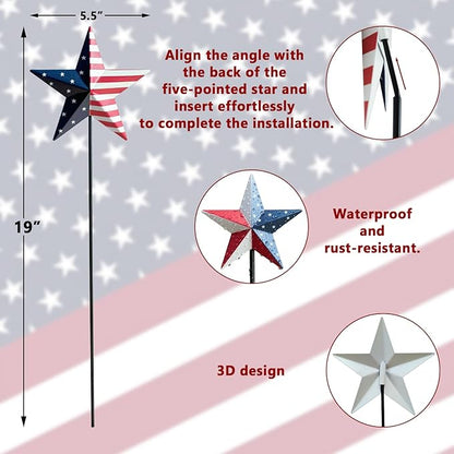 4th of July Decorations Outdoor 19" Metal Barn Star 6-Pack, Patriotic Outdoor Decorations, Rustic Iron Decorative Garden Stakes with American Flag Stars for Yard Patio Lawn