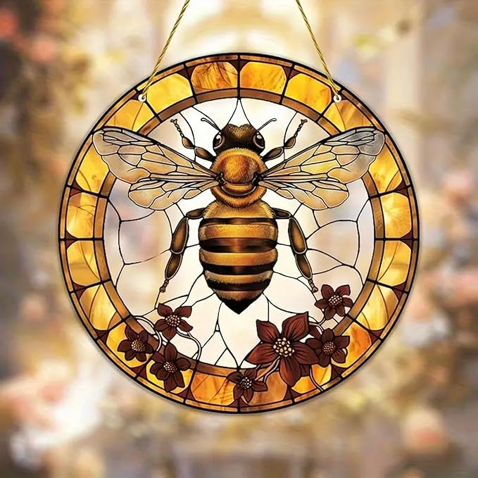 7.9inch Bee Suncatcher for Window Hanging,Floral Acrylic Suncatcher with Chain Window Decor for Home,Indoor, Garden, Housewarming Round Ornament, Gift for Women Friend