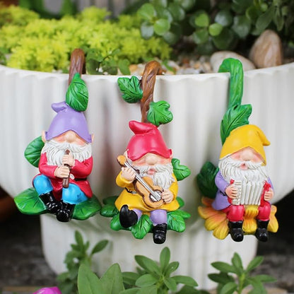 3PCS Cute Gnome Statue Flower Pot Hugger, Music Performance Gnome Resin Hanging Statue Outdoor Garden Decor, Fence Ornaments for Patio Lawn Garden Yard Plant Pot