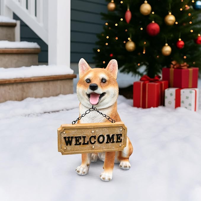 Outdoor Akita Inu Dog Statue with Interchangeable Welcome Sign and Detachable Solar Lantern –LED Light Garden Dog Sculpture Décor, Cute Puppy Design for Yard, Porch, Gift