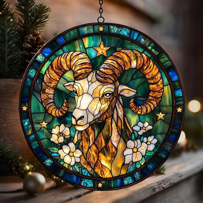 Vivid Aries Mosaic Floral Art Acrylic Suncatcher Stained Glass Effect Window Car Hanging Christmas Ornament Indoor Outdoor Decor Garden Sun Catcher Panel for Zodiac Lover for Women Mom Grandma