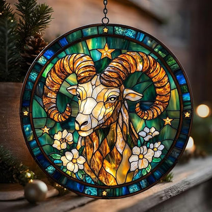 Vivid Aries Mosaic Floral Art Acrylic Suncatcher Stained Glass Effect Window Car Hanging Christmas Ornament Indoor Outdoor Decor Garden Sun Catcher Panel for Zodiac Lover for Women Mom Grandma