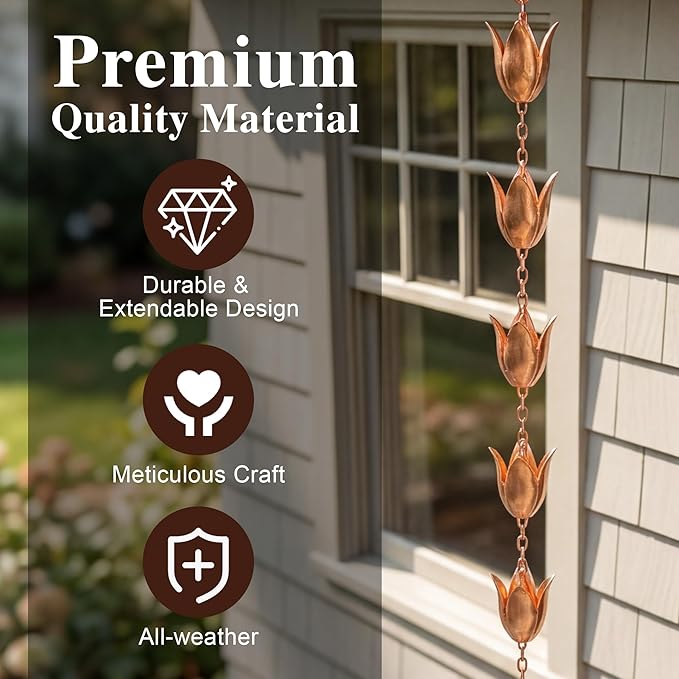 DUSVALLY 8.5 FT Rain Chains Iron Gutter Chains with Rain Collector Thick Iron 12 Leaf Cups, Leaf Rain Chain Replacement for Home Garden Patio Outdoor Decor
