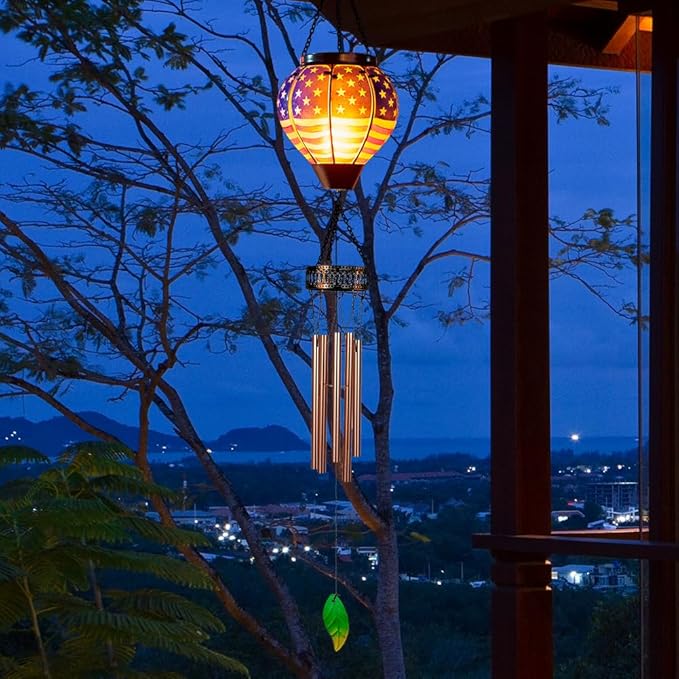 Starsoul Solar Wind Chimes for Outside, American Flag Hot Air Balloon with Flickering Flame Solar Wind Chime, Glass Windchimes Outdoors Garden Decor, Gift for Mother's Day Mom Grandma