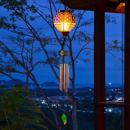 Starsoul Solar Wind Chimes for Outside, American Flag Hot Air Balloon with Flickering Flame Solar Wind Chime, Glass Windchimes Outdoors Garden Decor, Gift for Mother's Day Mom Grandma