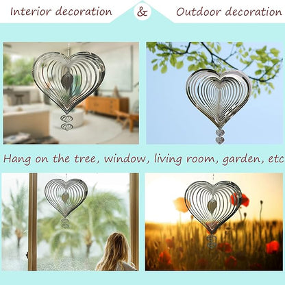 Stainless Steel Heart Wind Spinners, Outdoor Yard & Garden Decorations, Mirror Finish Hanging Metal Spinners for Patio, for Home & Garden Lovers