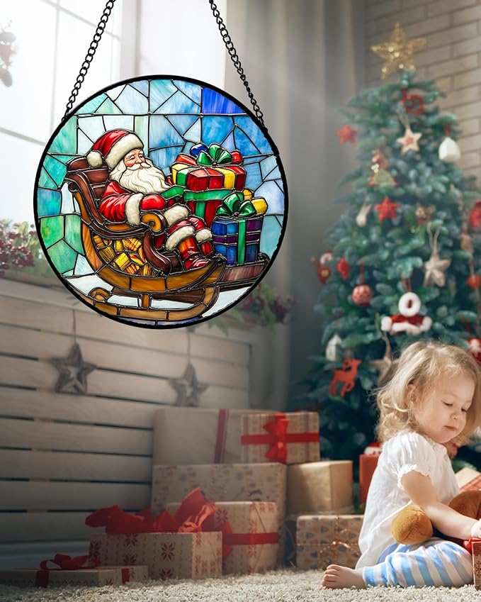 DASTOLL Stained Glass Window Hanging - Santa Claus Gift BoxSuncatcher for Doors Home Christmas Decoration Winter Sun Catcher Thanksgiving New Year Birthday Gift for Women Men Mom Nana 15 in