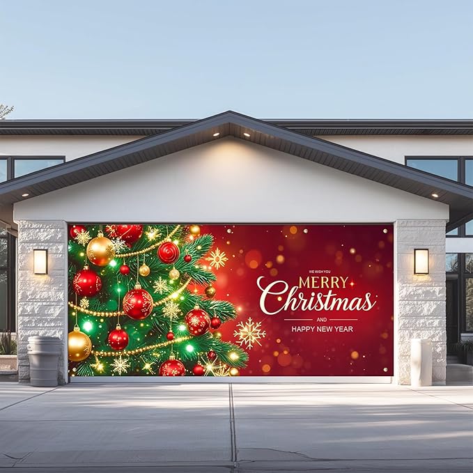 IVN Christmas Garage Door Cover Decoration 13x6ft Decorated Green Tree with Ornaments Red Holiday Merry Christmas Garage Door Banner Home Garage Door Front Yard Decor for Xmas Eve Holiday Outdoor